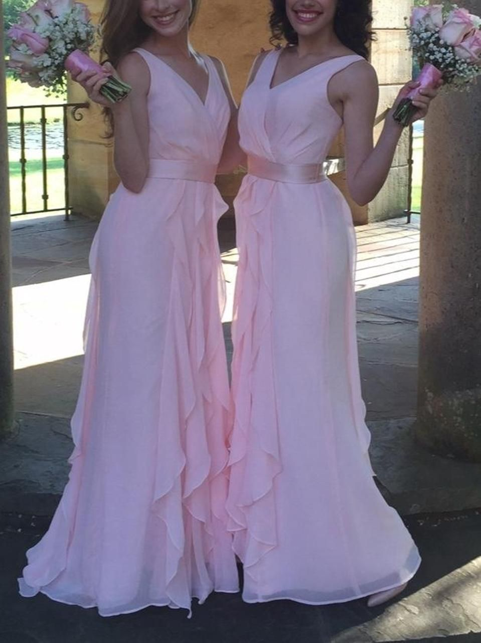 Pretty Pink V Neck Chiffon Ruffle Mermaid Long Bridesmaid Dress Prom Dress