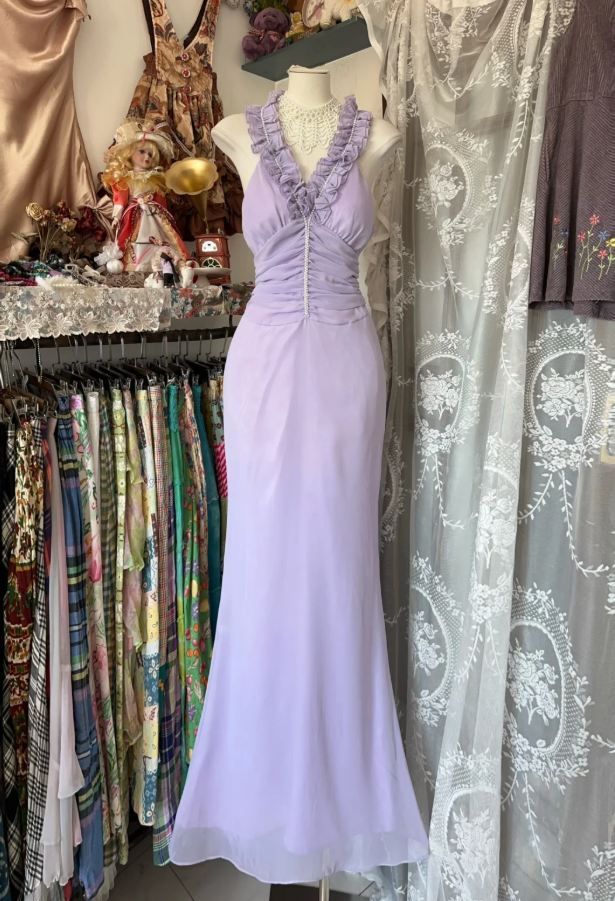 Pretty Sleeveless Lilac Chiffon Beaded Mermaid Long Wedding Guest Dress Evening Dress