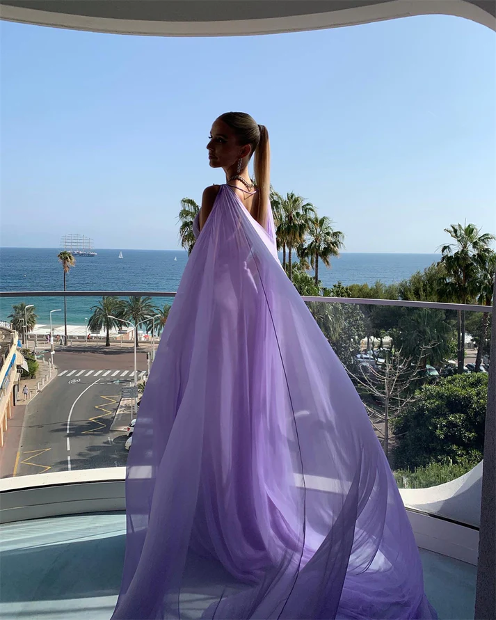 Sexy V Neck Lilac Tulle Prom Dress Long Party Evening Gown