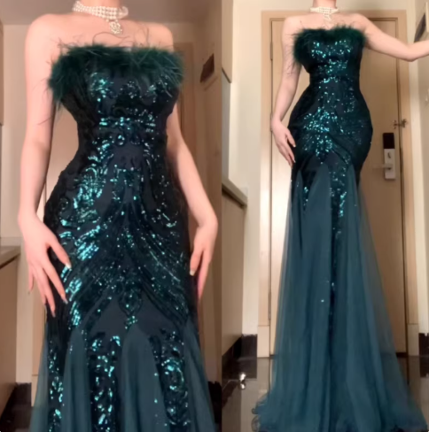 Classy Feathers Strapless White Tulle Sequin Mermaid Long Evening Dress Prom Dresses