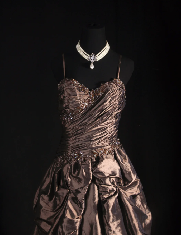 Retro Spaghetti Straps Brown Satin Pleated Beaded Long Party Dress Birthday Dress