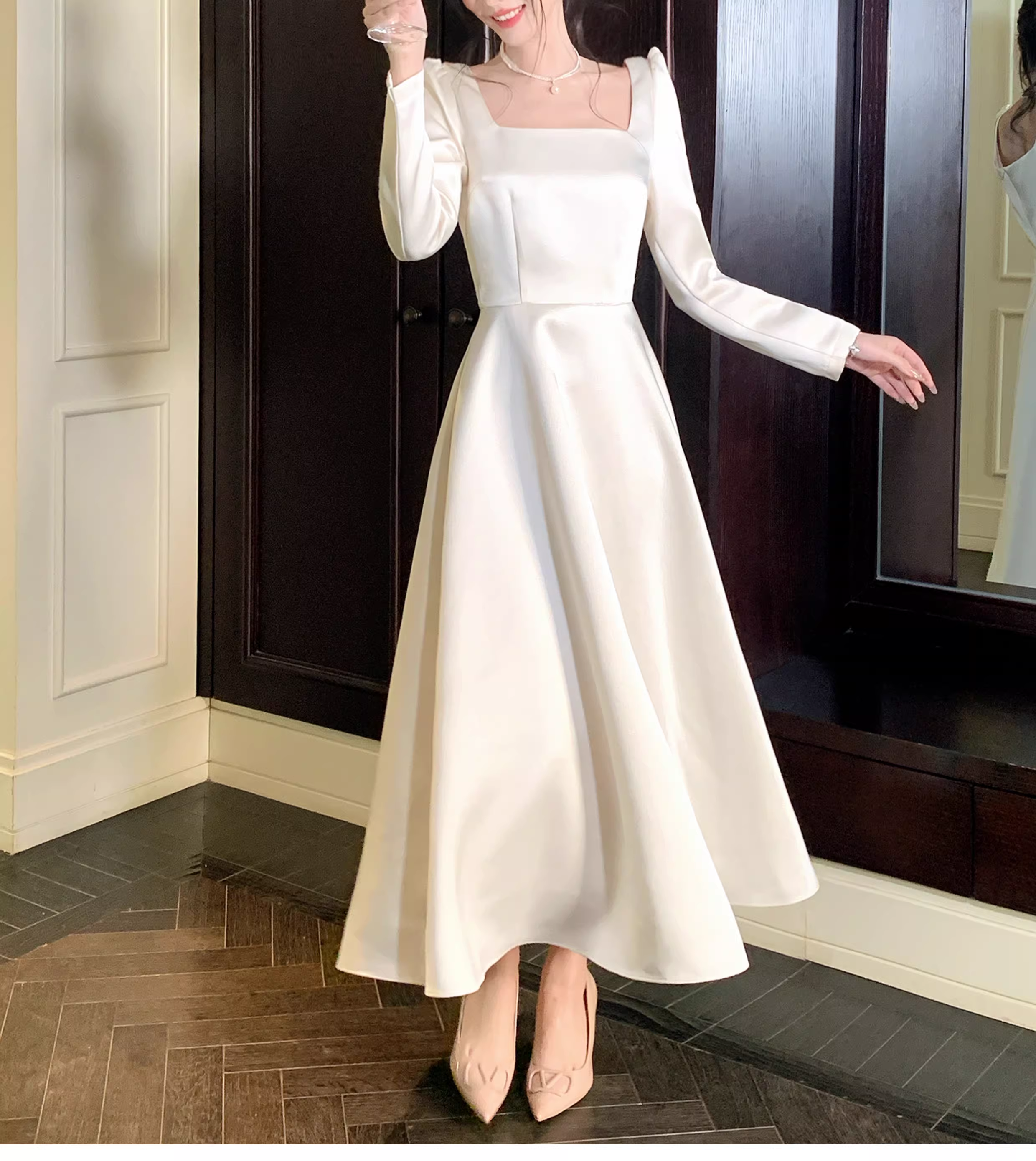 Elegant Square White Satin A Line Long Party Dress Evening Dress