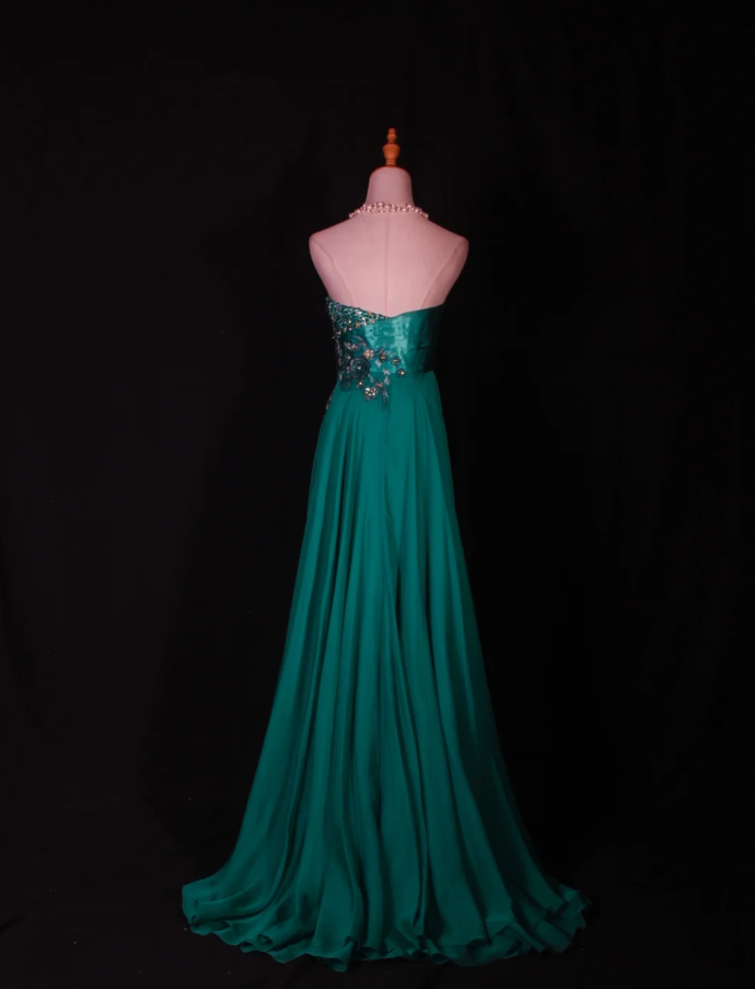 Fashion Strapless Green Satin Beaded Birthday Prom Dress Embroidery Floral Mermaid Long Evening Dress