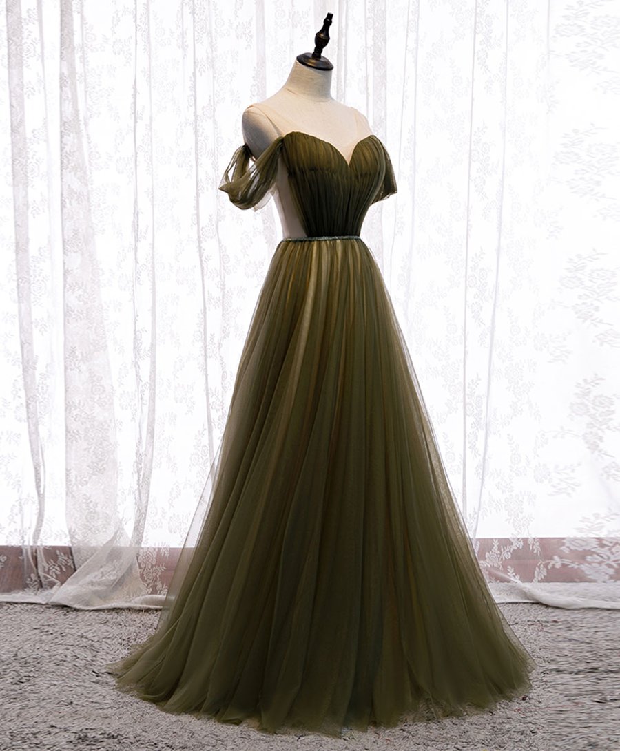 Simple green v neck tulle long prom dress green evening dress