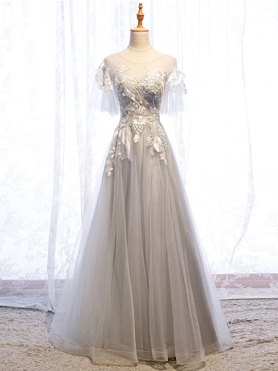 Gray round neck tulle lace long prom dress gray tulle formal dress