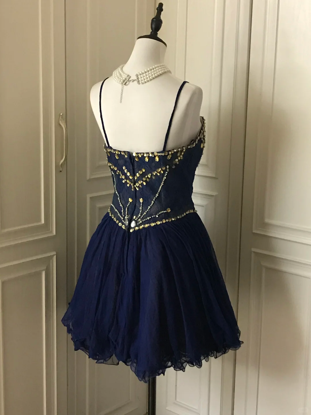 Vintage Navy Blue Lace Beaded A Line Homecoming Dress Short Party Dress
