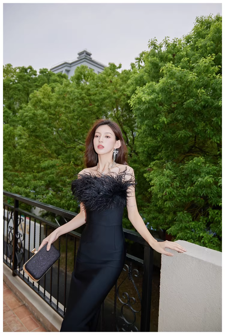 Chic Feathers Strapless White Satin Sheath Long Prom Dress Evening Dresses