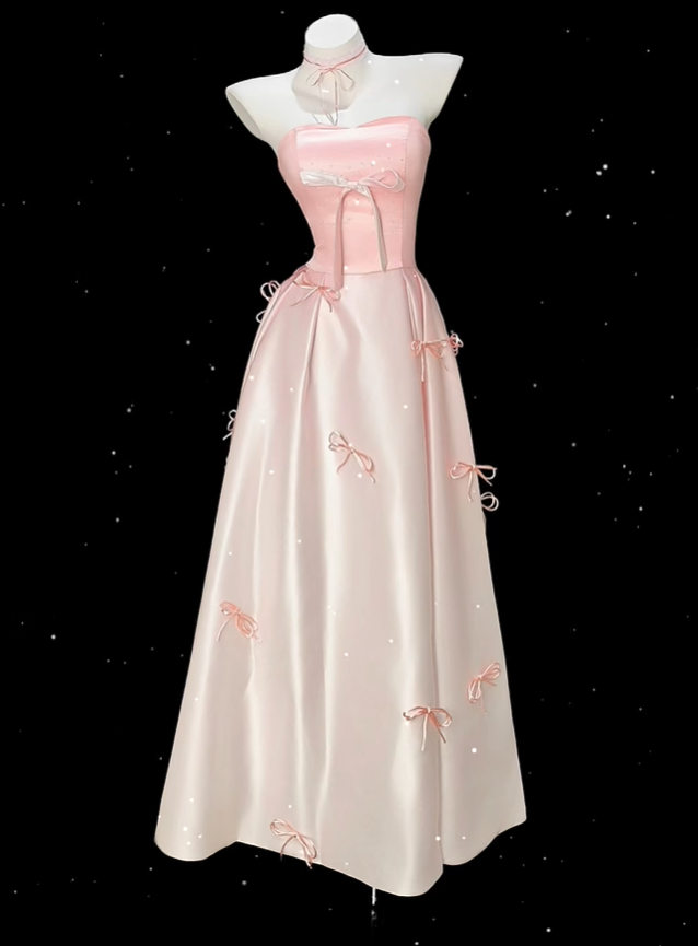 Pretty Ombre Pink Strapless Satin Bow A Line Long Party Dress Birthday Prom Dress