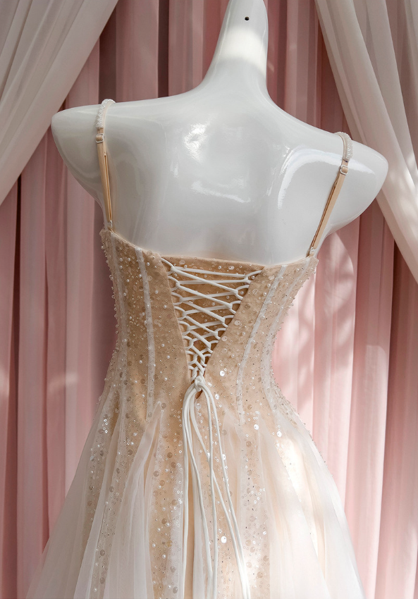 Sparkly Champagne Sequins Spaghetti Straps Homecoming Dress Cocktail Dress