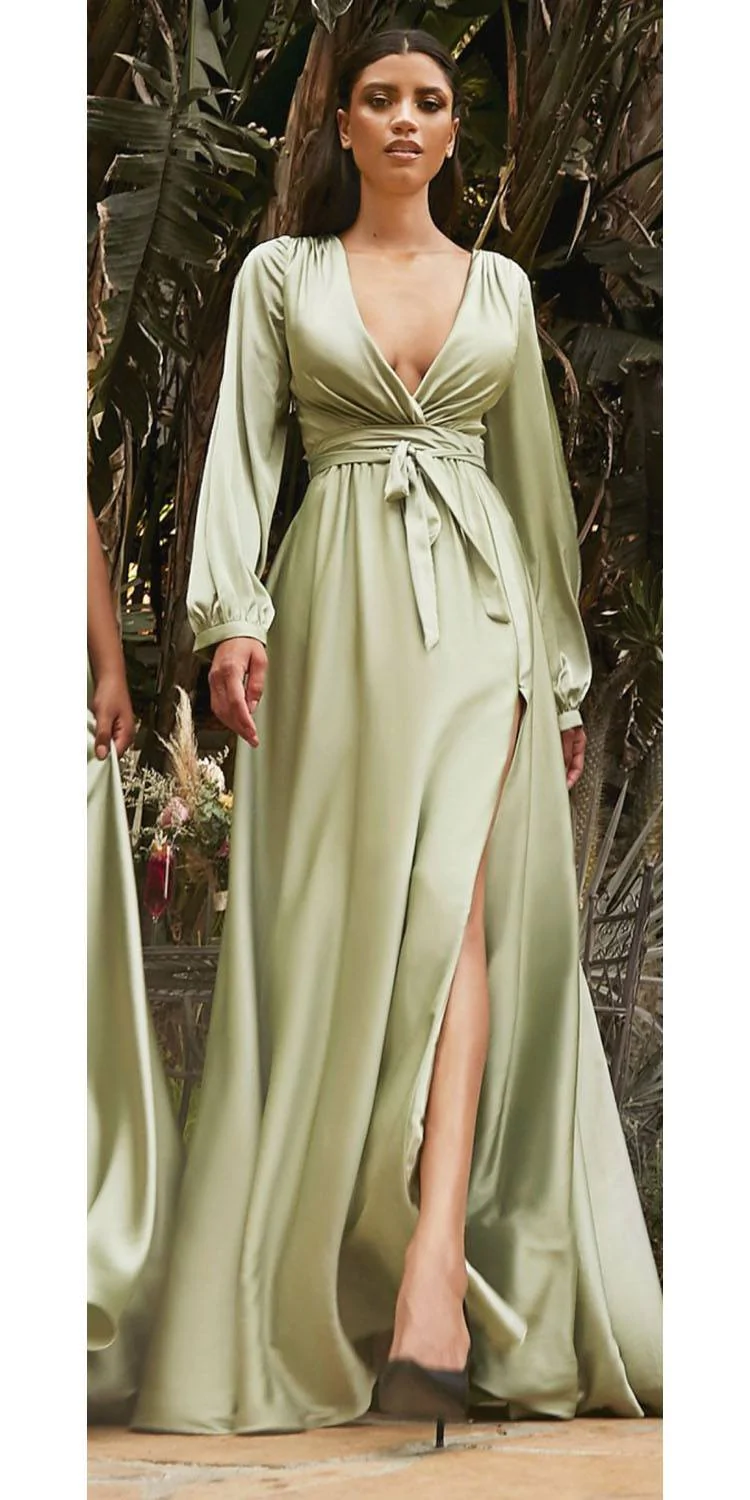 Deep V Neck Long Sleeve Satin Wrap Dress , Prom Dress
