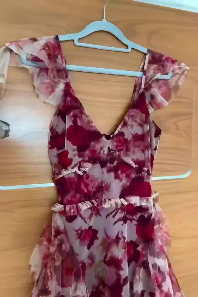 Unique Tulle Chiffon Rose Floral Print Ruffles Party Evening Dress A Line Prom Dress