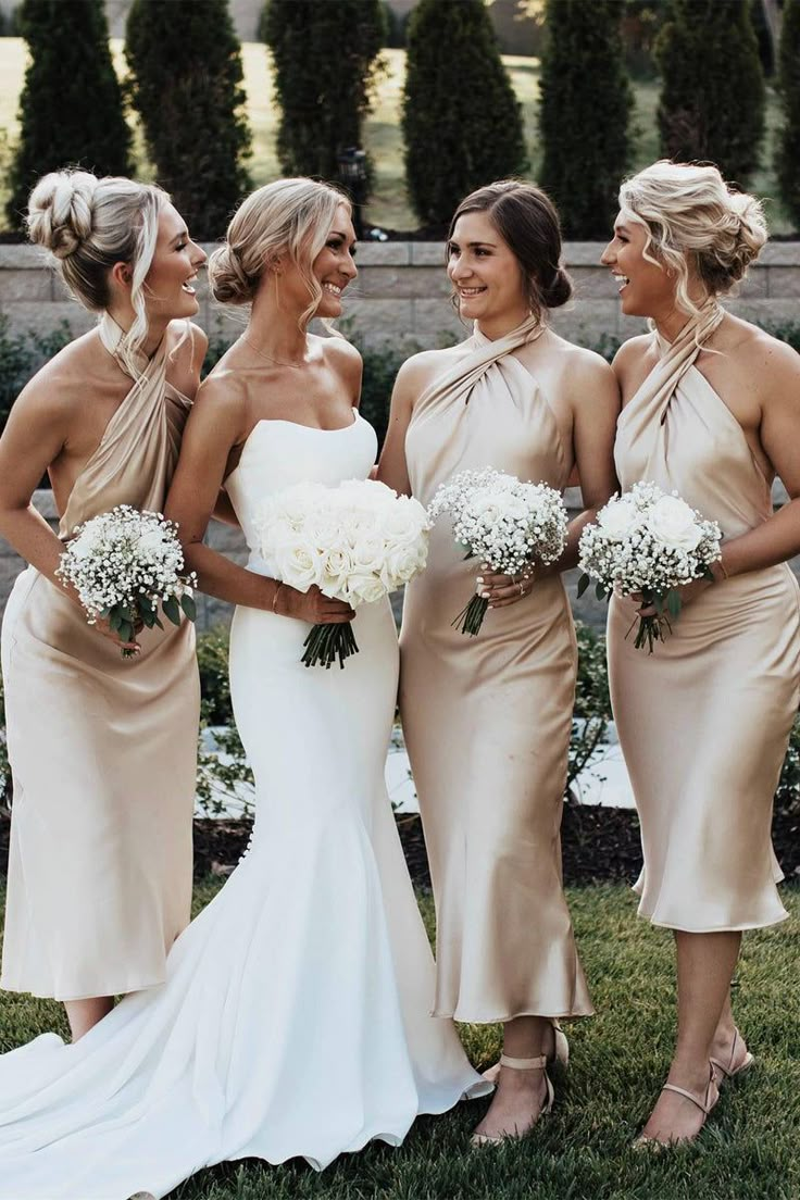 Classy Halter Champagne Backless Sheath Tea Length Bridesmaid Dress Formal Wedding Guest Dress