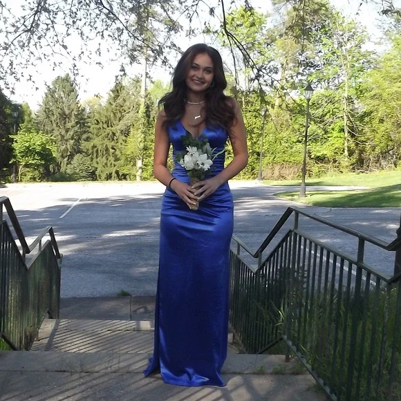Sexy Blue Sheath Slit Prom Dress Backless Party Evening Dress