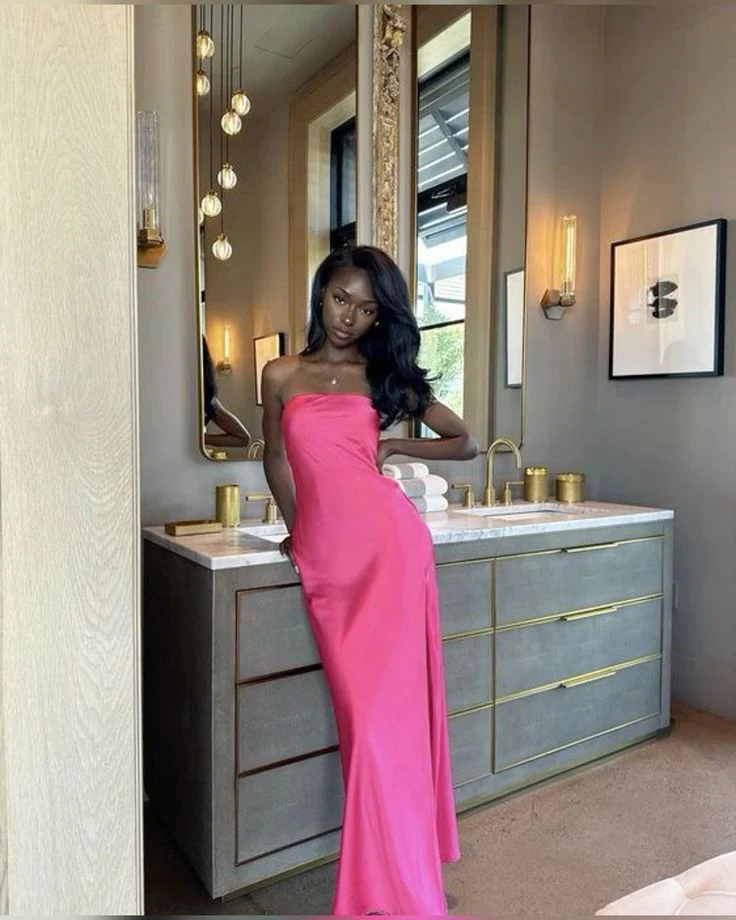 Strapless Hot Pink Long Sheath Prom Dress Evening Dress