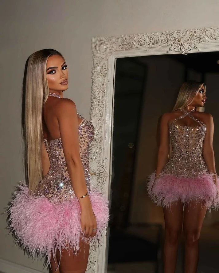 Trendy Sheath Halter Pink Beads Feathers Sequin Mini Short Formal 8th Grade Homecoming Dresses Middle School Short Prom Dress Hoco Outfits
