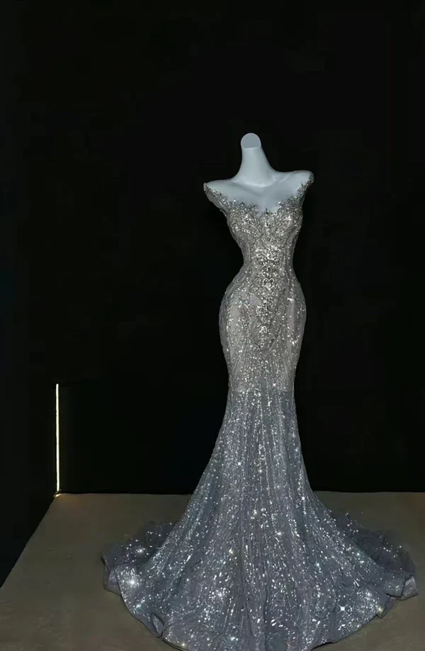 Silver gorgeous shiny fashion long sequin mermaid floor length fishtail dress prom dress, evening dress, party dress