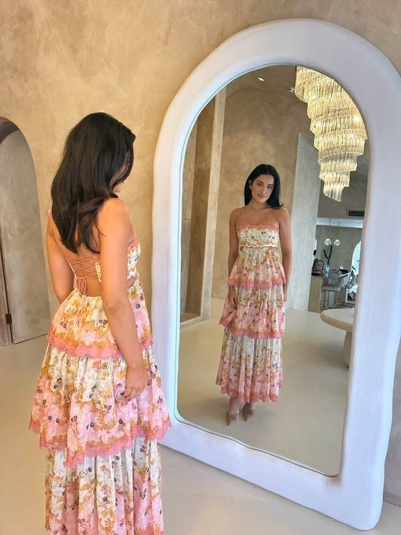 Sweet Spaghetti Straps Tiered Print A-Line Prom Dress Long Prom Evening Dress