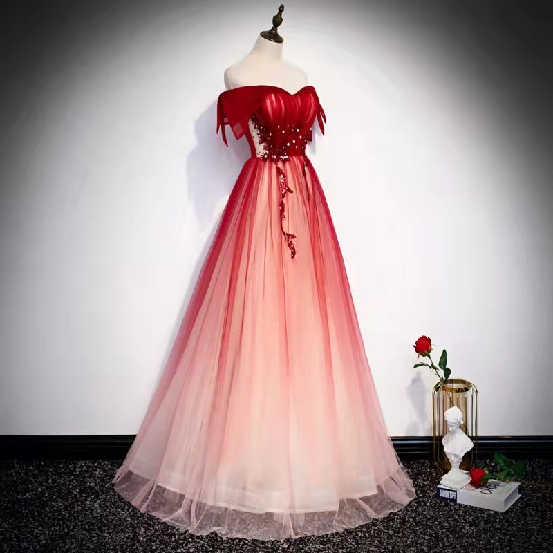 Burgundy off shoulder tulle long prom dress burgundy formal dress