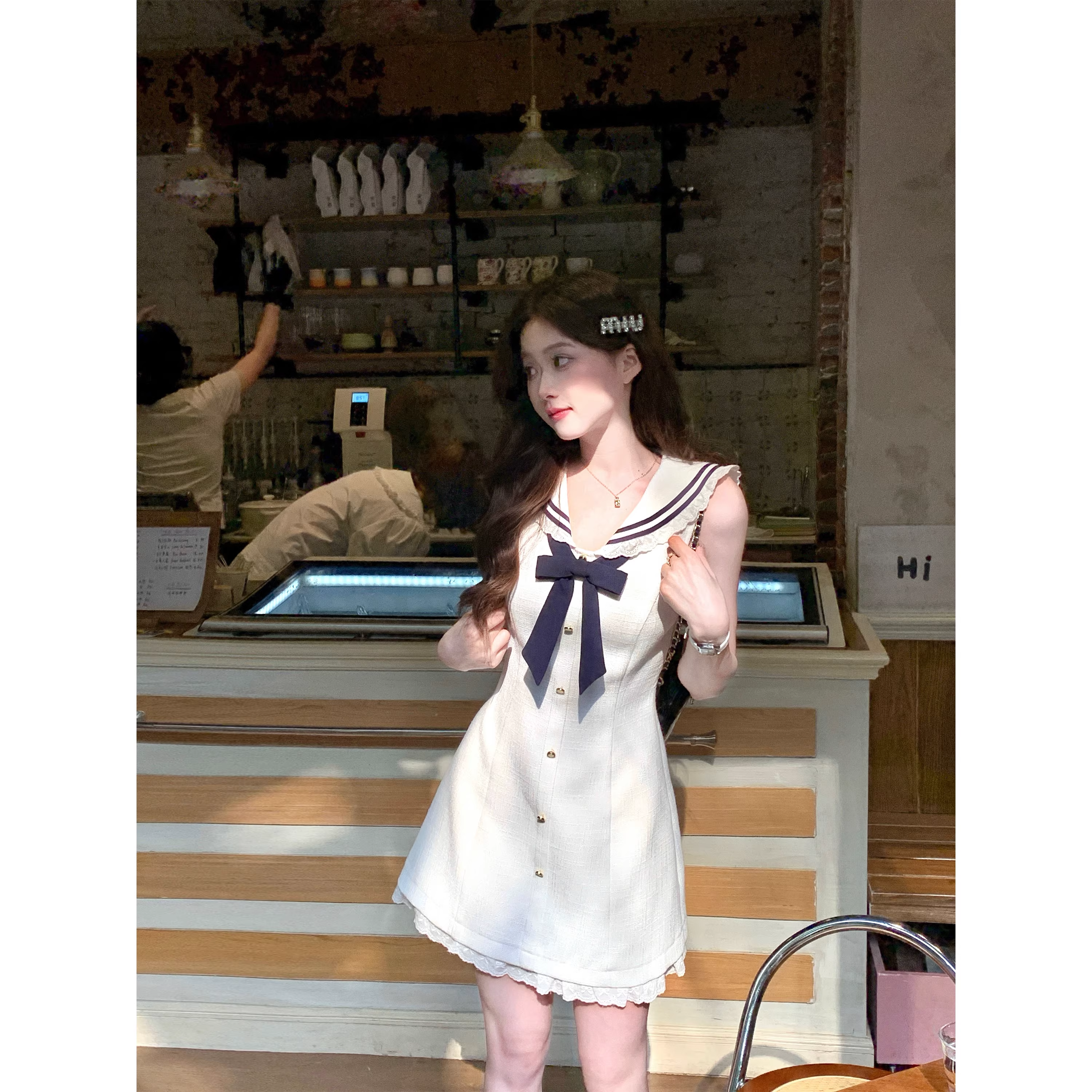 Navy collar dress, sweet preppy style sleeveless dress A34