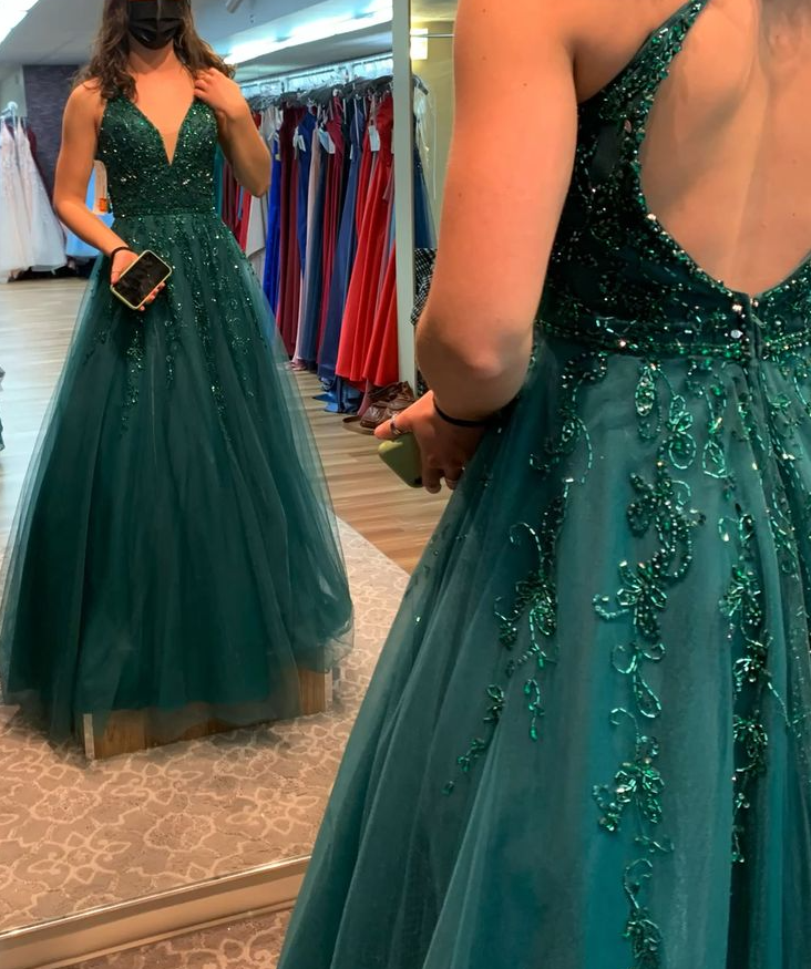 A-Line Green V Neck Beaded Tulle Long Prom Dress, Formal Dress