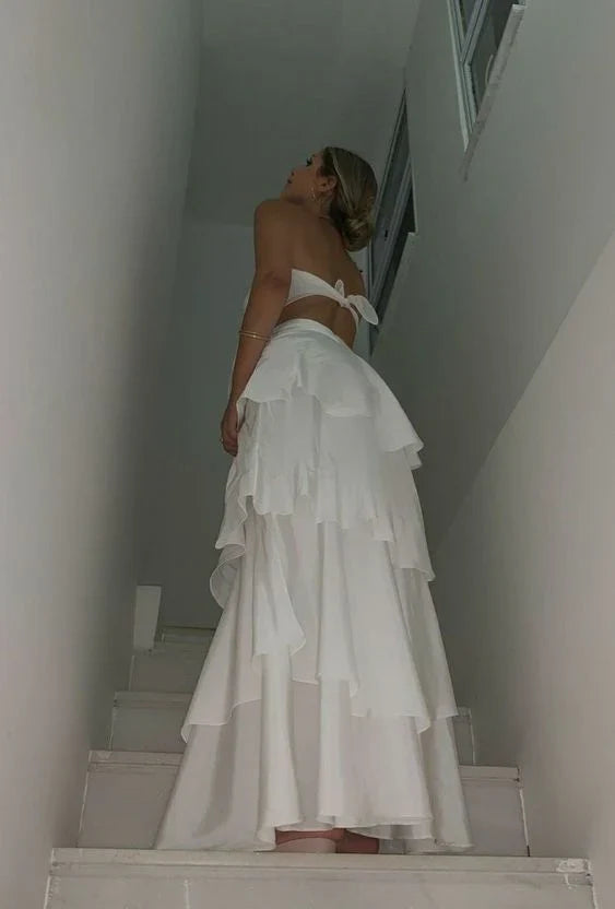 Elegant Two Pieces Strapless Long White Tiered Prom Dress Birthday Outfits