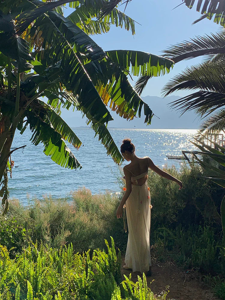 Bohemian Long Beach Dress for Women, Chic and Elegant Outfit with Spaghetti Straps, Princess Evening Gowns