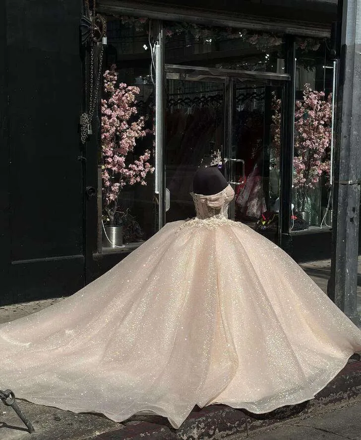Shimmering Champagne Princess Quinceanera Dress with Off-the-Shoulder Glitter Corset for Sweet 16 Prom
