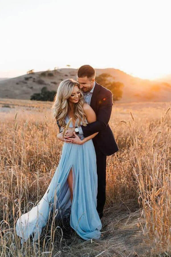 Sky Blue Chiffon Split Beach Wedding Dress With Court Train Prom Dresses
