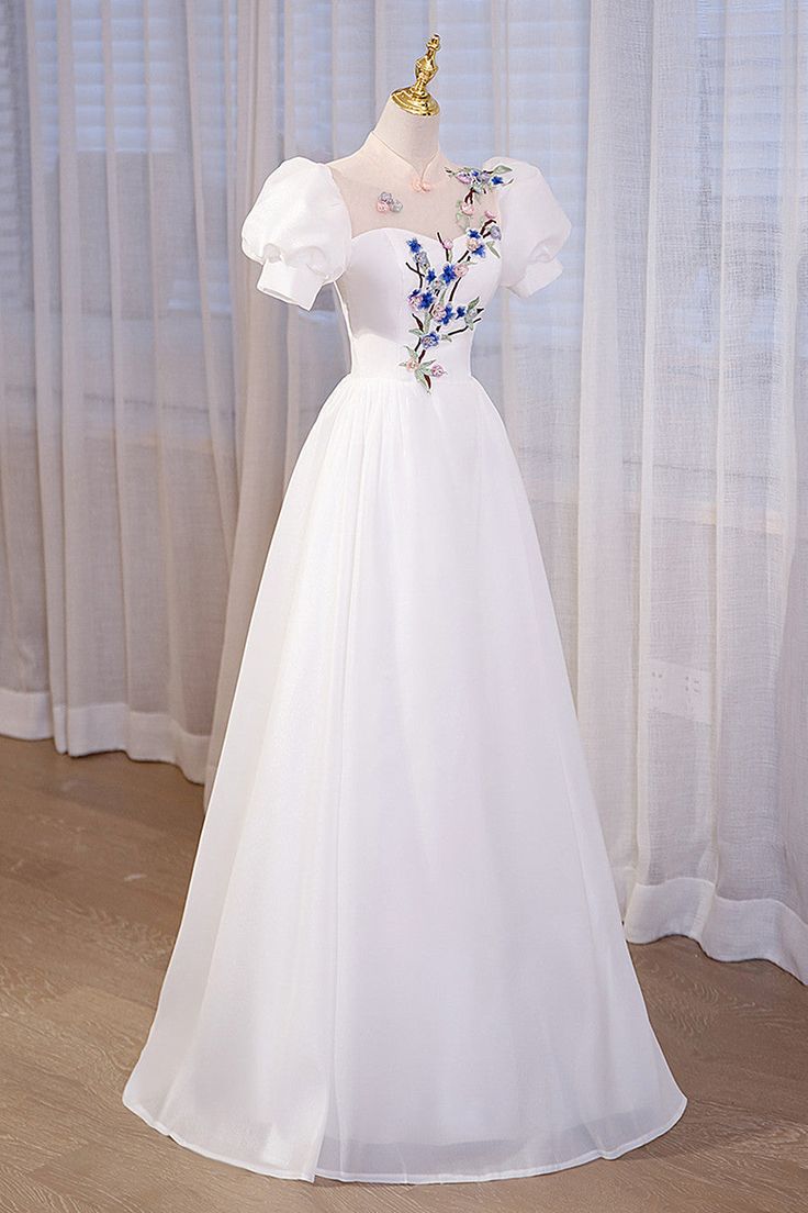 High Neckline A-line Short Sleeves Party Dress, Long Formal Dress