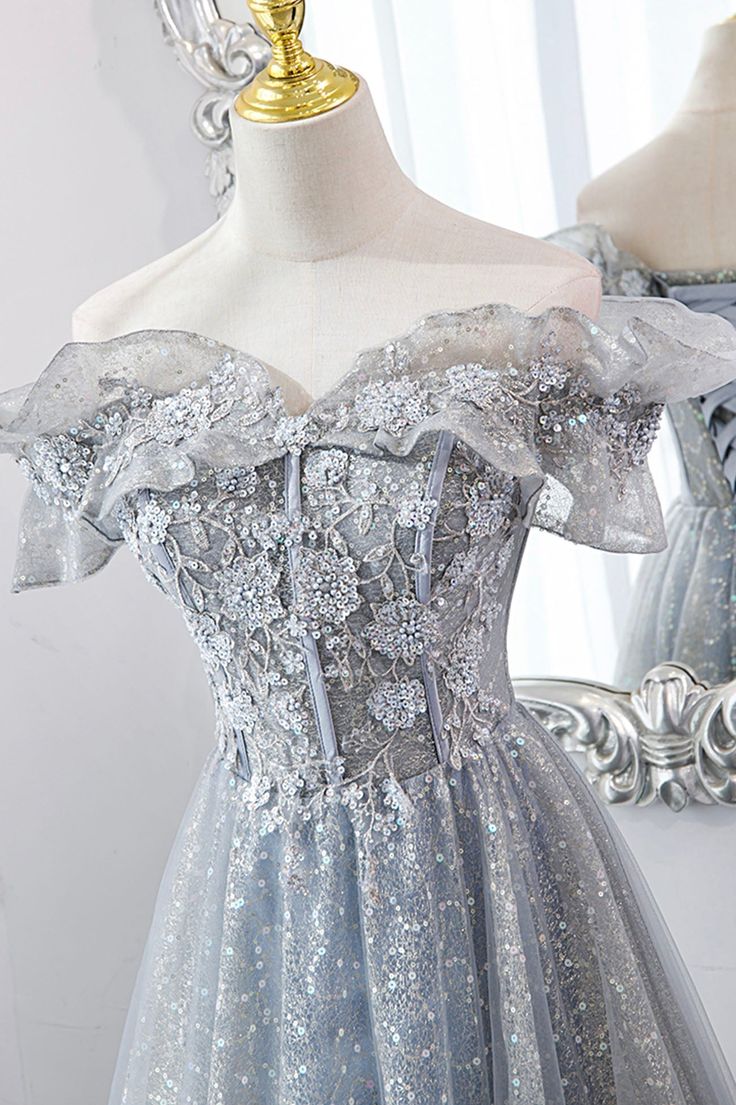 Tulle Lace Long Prom Dresses, A-Line Sequins Evening Dresses