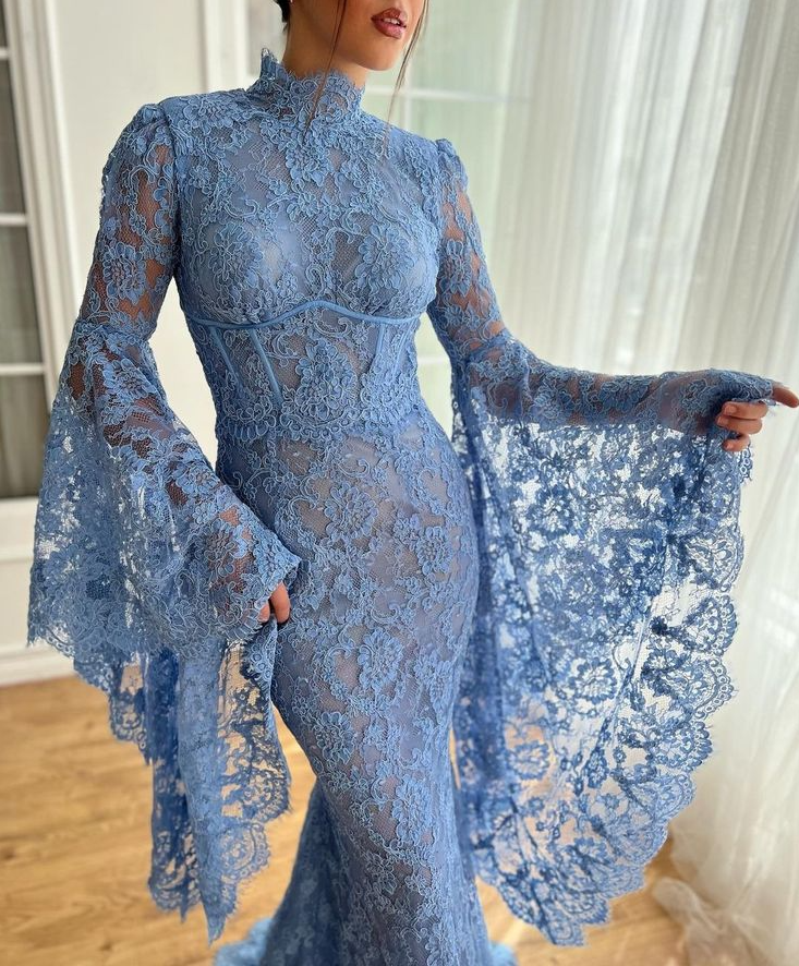 High Neck Mermaid Evening Dress for Women Flare Sleeves Blue Lace Long Prom Dresses