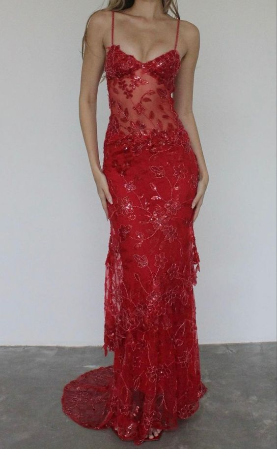 Gorgeous Red Lace Beading Mermaid Evening Dress Party Prom Dress