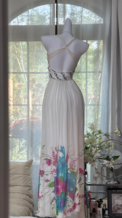 Chiffon Flower Printed Prom Party Dress 21st Birthday Outfit Evening Dress