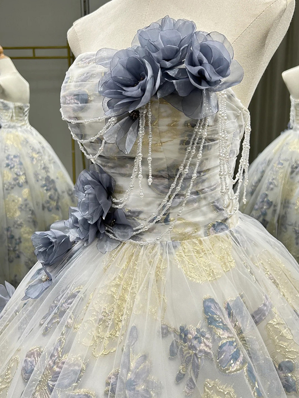 Blue Tulle Flower Strapless Pleated Prom Dress Beautiful Ball Gown