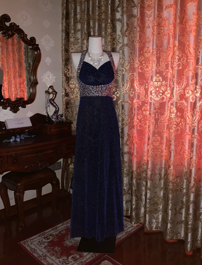 Pretty Halter Navy Blue Sequin Beaded Mermaid Long Evening Dress Birthday Party Dress