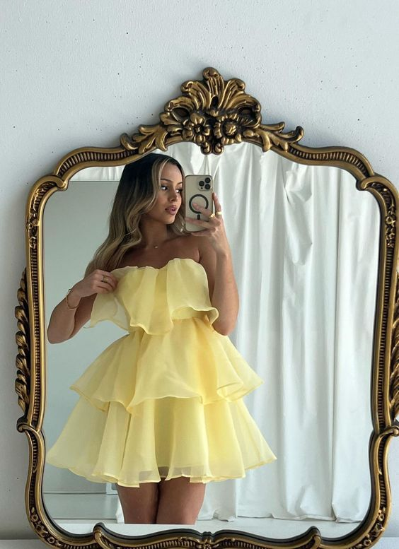 Cute Yellow Strapless Multi-Layered A Line Homecoming Dress