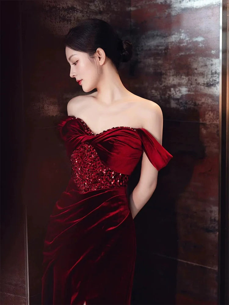 Burgundy Velvet Mermaid Long Prom Dress Off Shoulder Evening Dresses With Slit