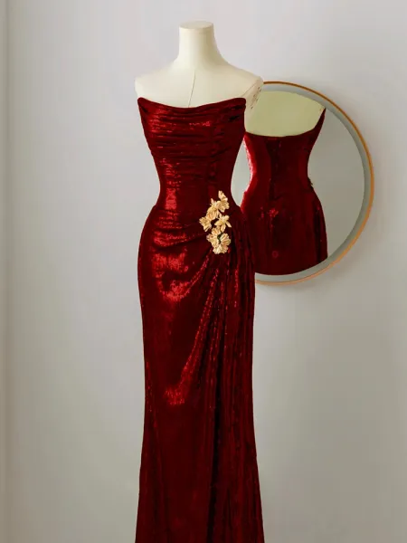 Charming Sequins Burgundy Strapless Long Evening Dress Mermaid Party Dress Prom Dress