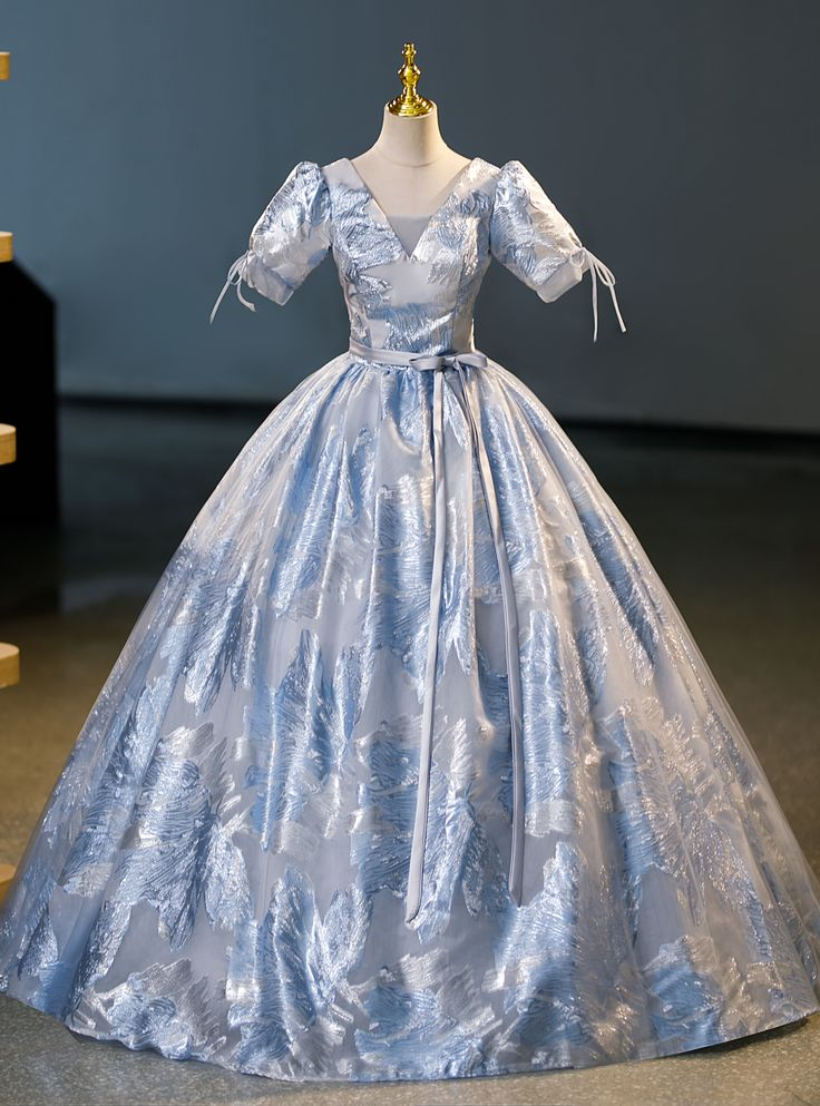 Elegant Blue Satin Print Princess Quinceanera Dress A Line Ball Gown