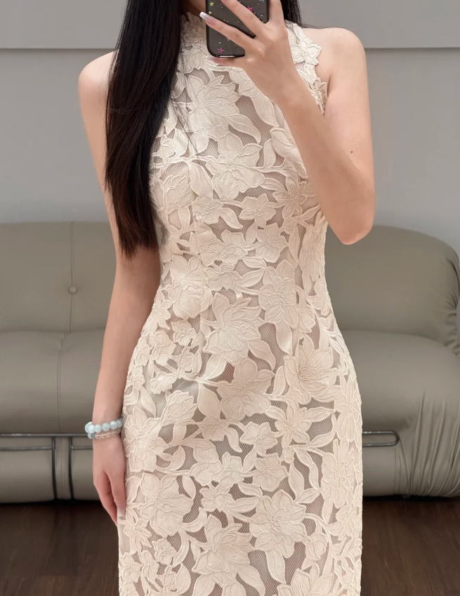 Halter Neck Lace Prom Party Dress Evening Dress Classy Birthday Outfit