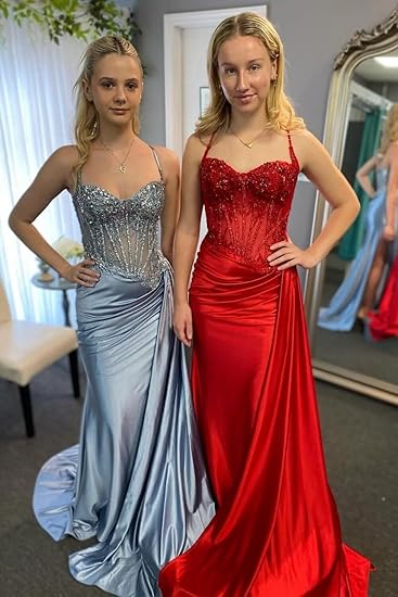 Pretty Mermaid Spaghetti Straps Sage Green Long Satin Prom Dresses Formal Evening Dress