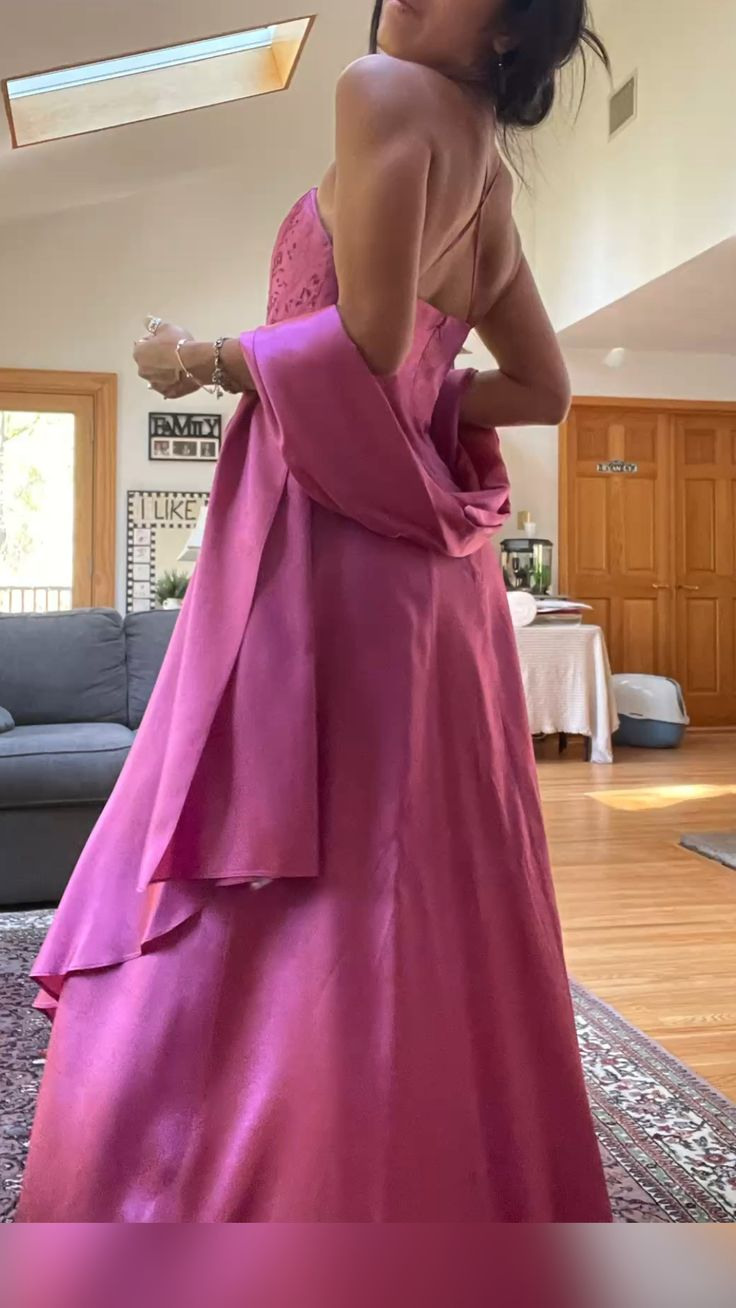 Spaghetti Straps Pink Long A Line Beaded Evening Dress Formal Prom Gown