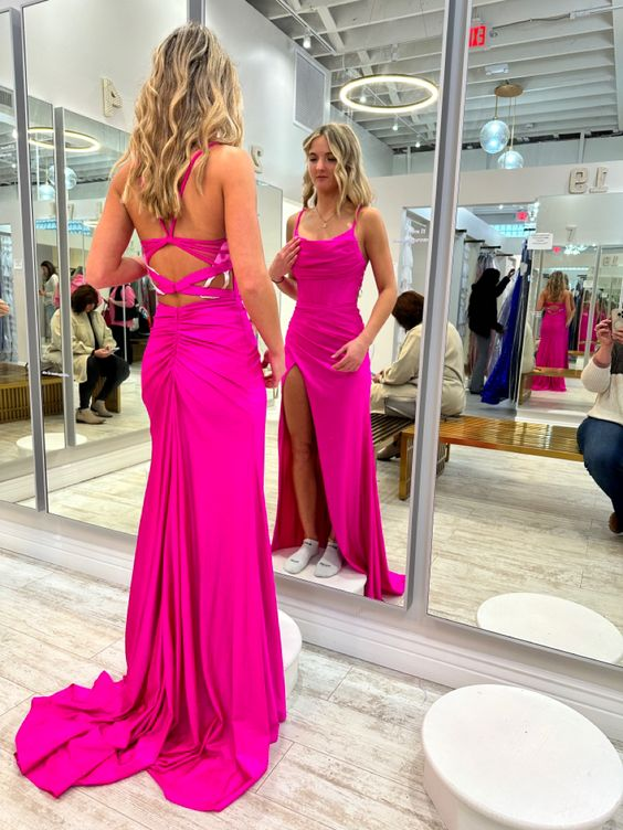 Sheath Spaghetti Straps Hot Pink Long Prom Dress with Slit