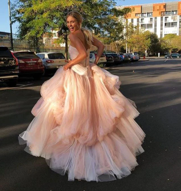 Light Pink Tulle Long Prom Dress Elegant Ball Gown