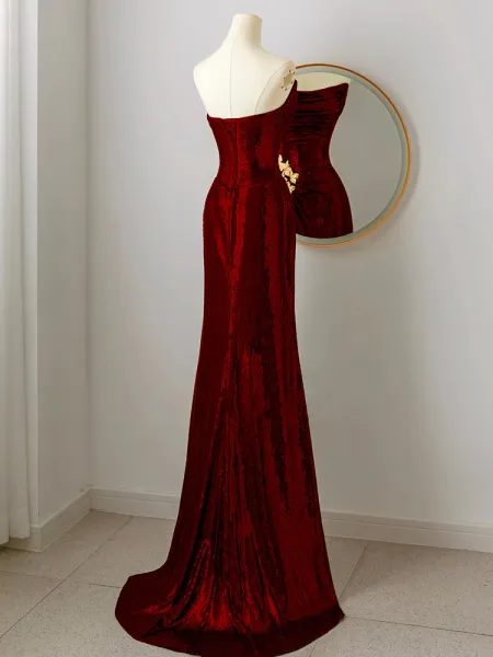 Charming Sequins Burgundy Strapless Long Evening Dress Mermaid Party Dress Prom Dress