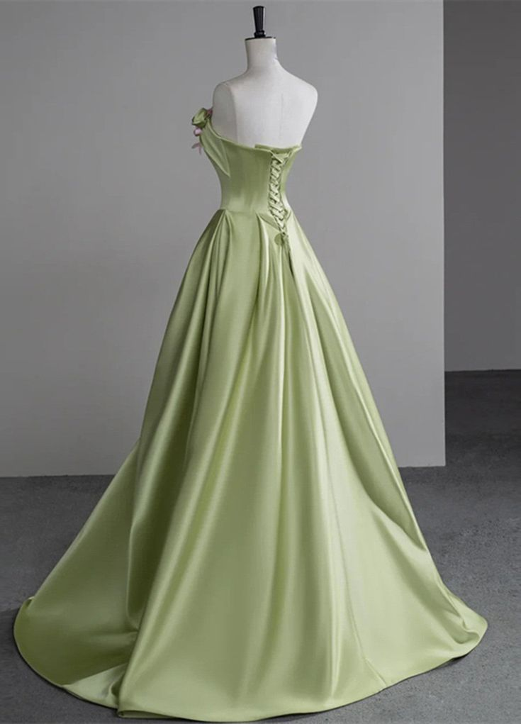 Elegant Green Satin Party Dress With Flowers, Green Long Prom Dress