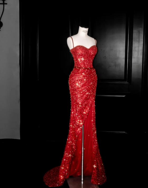 Mermaid Red Sequin Prom Party Dress Shiny Sexy Evening Dress Birthday Outfit