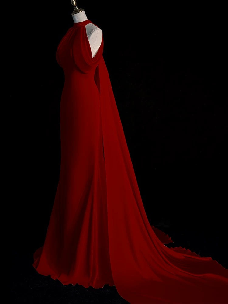 Sexy Sheath Halter Red Satin Long Prom Dress Evening Dress Formal Dress