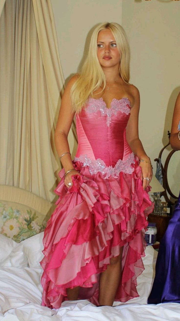 Vintage Hot Pink Lace Chiffon Ruffles Evening Dress Strapless Prom Dress