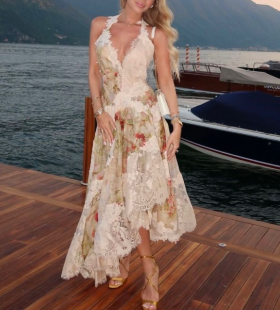 Vintage Halter V Neck Chiffon Print Floral Lace Prom Dress Mermaid Long Party Dress